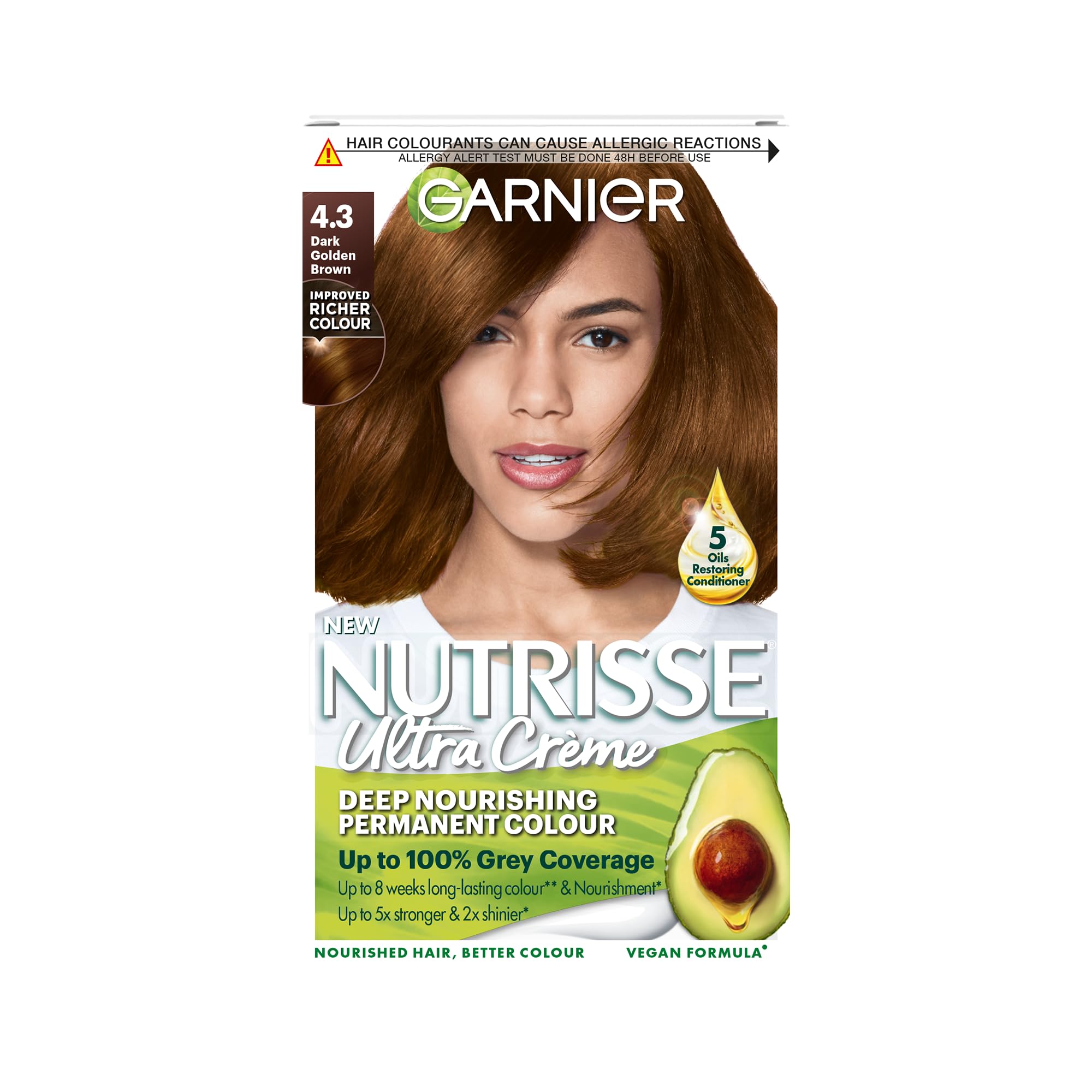 Garnier Nutrisse Ultra Crème Vegan Hair Dye, 4.3 Dark Golden Brown. Achieve 100% grey coverage and a rich, sun-kissed 8-week colour. A gentle, no-ammonia, vegan formula for vibrant dark golden tones.