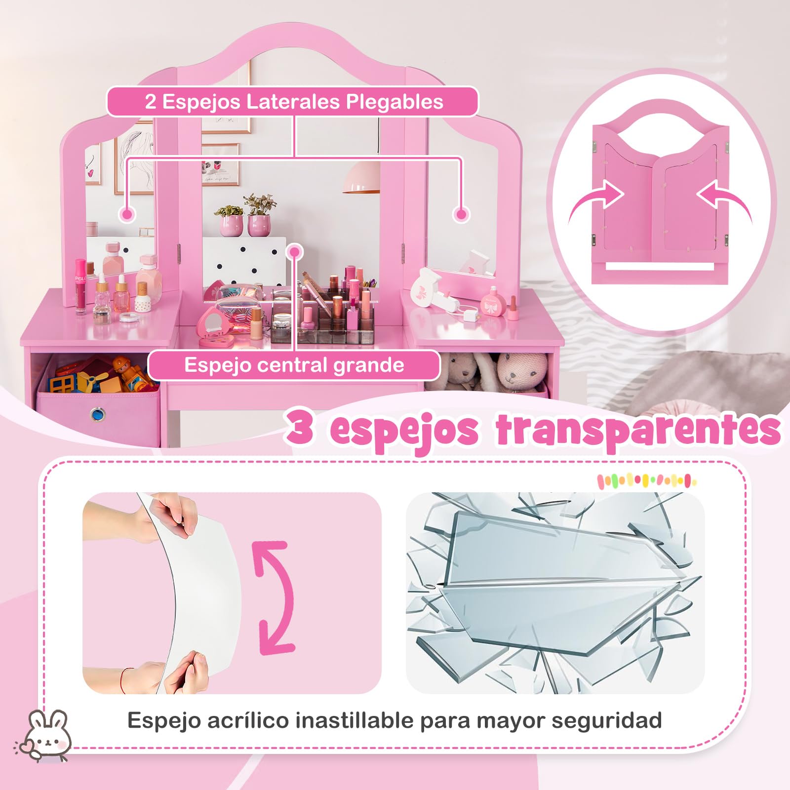 COSTWAY Tocador de Maquillaje Niña con Silla, 2 en 1 Mesa de Maquillaje con Espejo Plegable y Removible, 4 Contenedores de Almacenamiento, Mesa Tocador Infantil de Madera (Rosa, con cajones)
