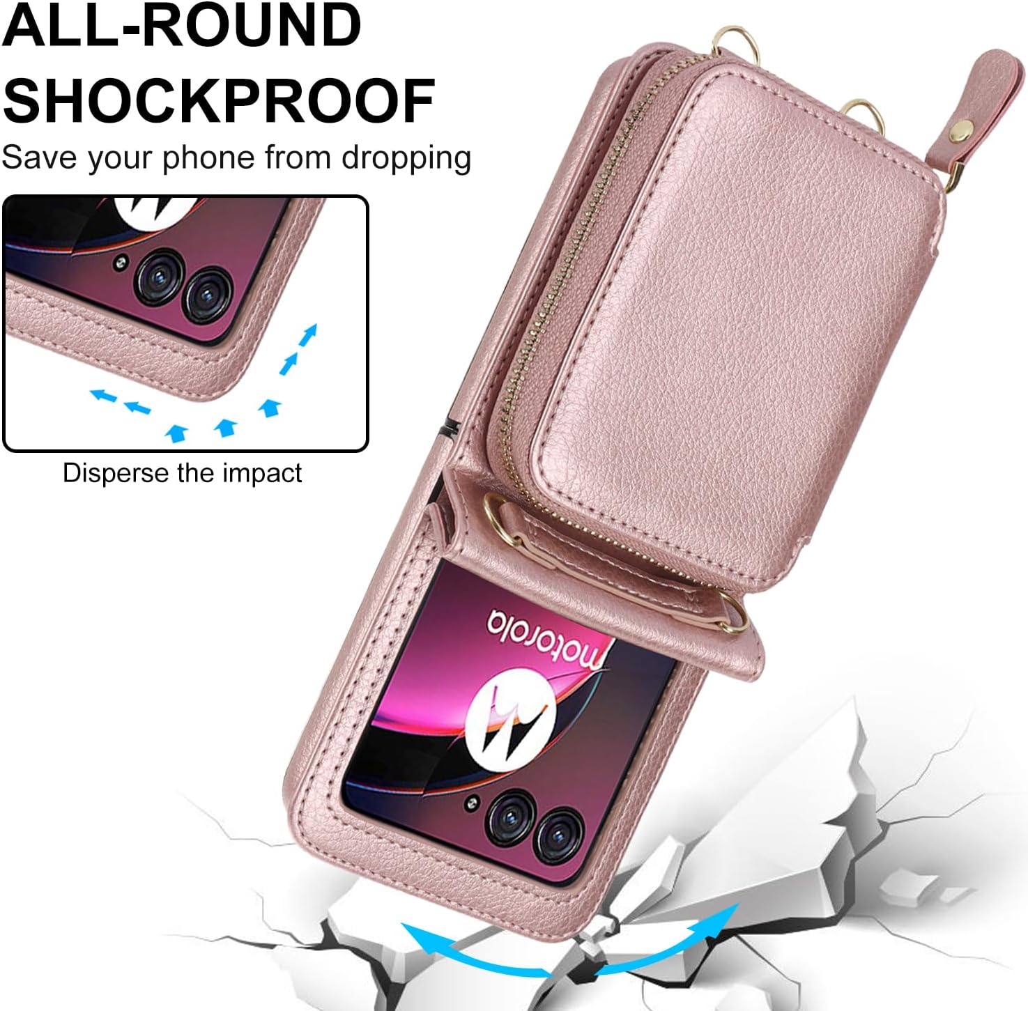 Asuwish Phone Case for Motorola Razr 40 Ultra/Moto Razr Plus 2023 Wallet Cover with Credit Card Holder Zipper Crossbody Strap Lanyard RFID Blocking Cell Purse Razr+ + 5G XT2321-3 Women Girls Rose Gold