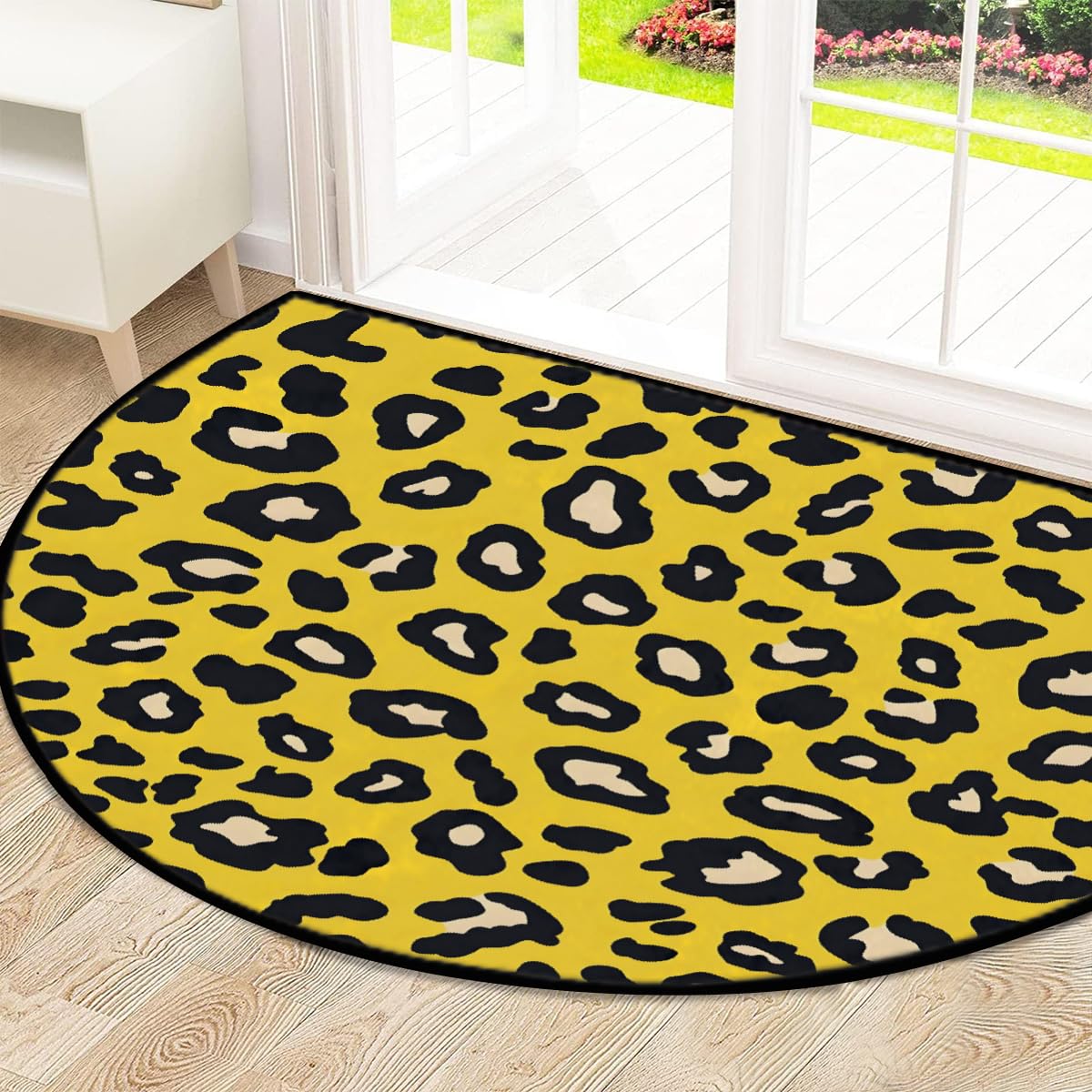 Mexpekil Paillasson demi-lune pour intérieur et extérieur - Motif léopard jaune - Demi cercle - Absorbant la saleté - 100 x 160 cm