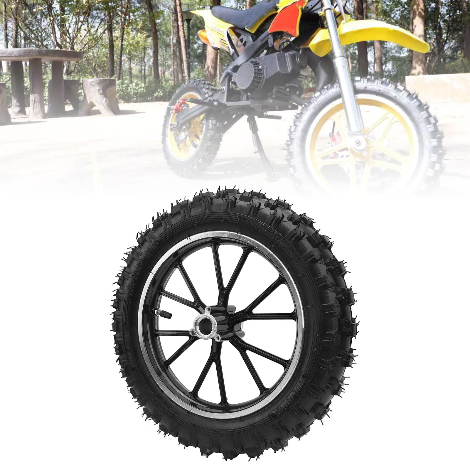 2.5-10 Moyeu de Roue Avant Pneu Moto Dirt Bike Haute ténacité en Caoutchouc à L'usure Cadre Métallique avec Motif de Bande de Roulement optimisé pour Mini Motos Vélos (BLACK)