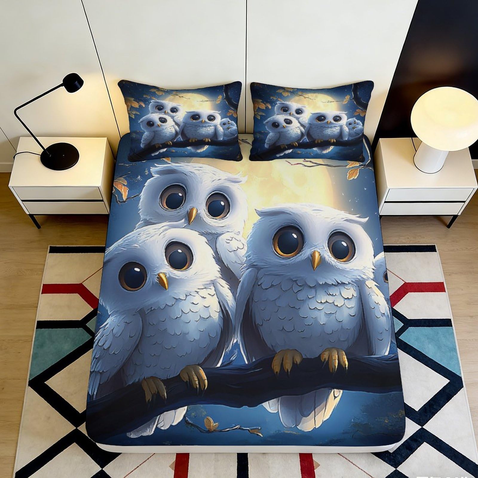 3D Printed Cute Owl Fitted Sheet Microfiber Soft Breathable Night Sky Bed Cover for Bedroom Dormitory Guest Room Mattress Protection Decor 120x200x25cm