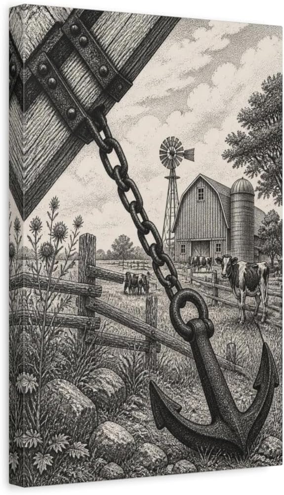 Rustic Anchor Barn Canvas Print – Kitchen, Dining Area Wall, Black-And-Cream 12×18 inch (30×45 cm) - Vertical / 1.25 inch (3 cm)