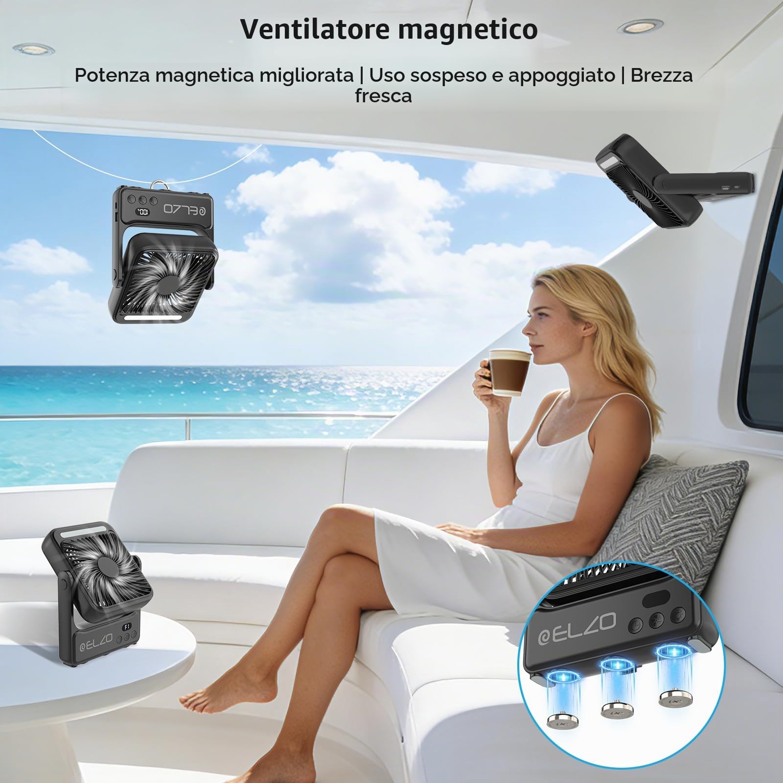 Ventilatore da viaggio magnetico ELZO da 10000 mAh per cabina di nave da crociera con luce notturna, portatile ricaricabile aggiornato, 4 velocità con gancio, essenziali approvati per crociera 2026