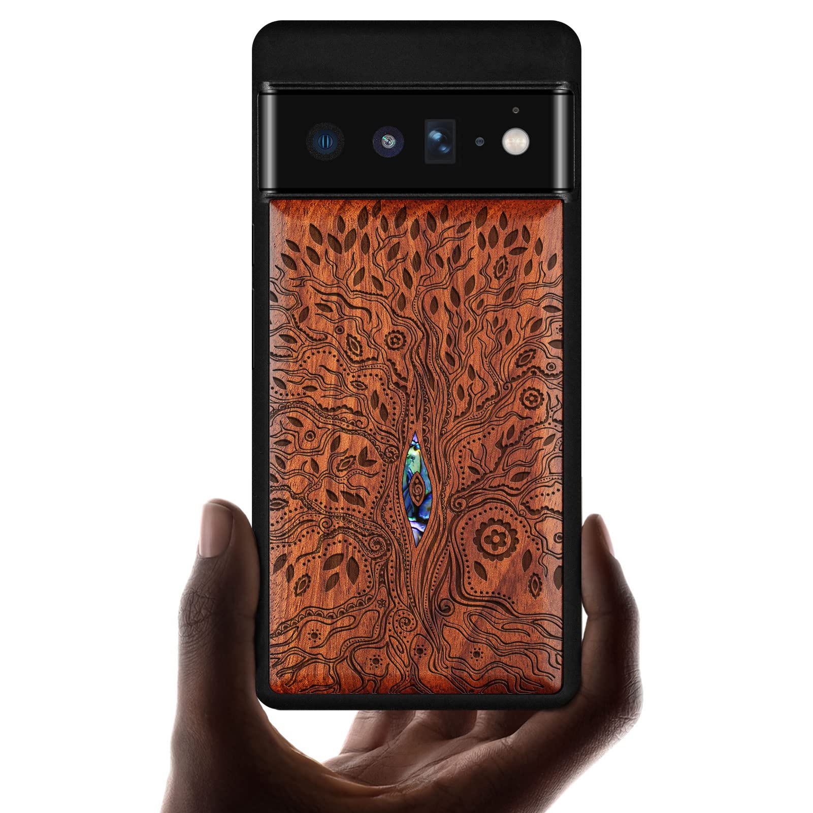 Carveit Custodia in Legno per Google Pixel 6 Pro Cover [Incisione in legno e intarsio di cozze] TPU Silicone Hybrid Protezione Compatibile con Pixel 6 Pro Lusso e Case (Noce-Thors martella