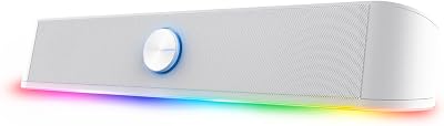 GXTrust 1619W Rhox Barra de Sonido con Iluminación RGB, Altavoces PC Gaming Estéreo 2.0 12W, Alimentación USB, 3,5 mm Jack, Altavoz Pequeño para PC Ordenador Portátil TV, Blanco