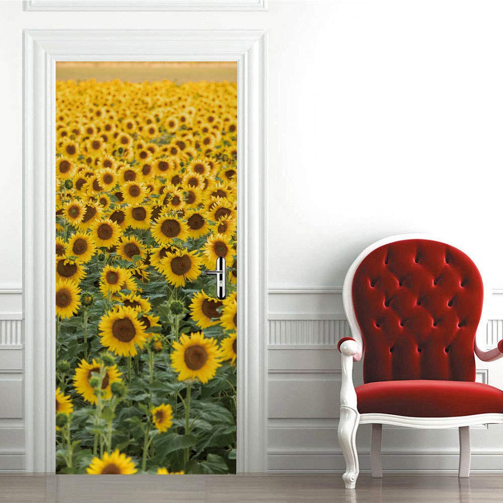 Sticker porte trompe l'oeil tournesol 83x204cm en PVC mural pour salon et cuisine