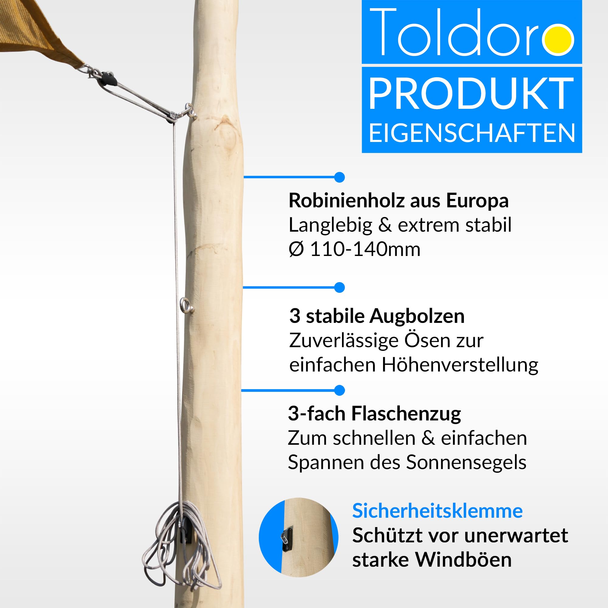 Toldoro® 3m Sonnensegelmast höhenverstellbar aus Holz (Robinie) Ø110-140mm / Sonnensegel Mast/Pfosten für Sonnensegel inkl. Befestigungs-Set mit 3-Fach Höhenverstellung Garten