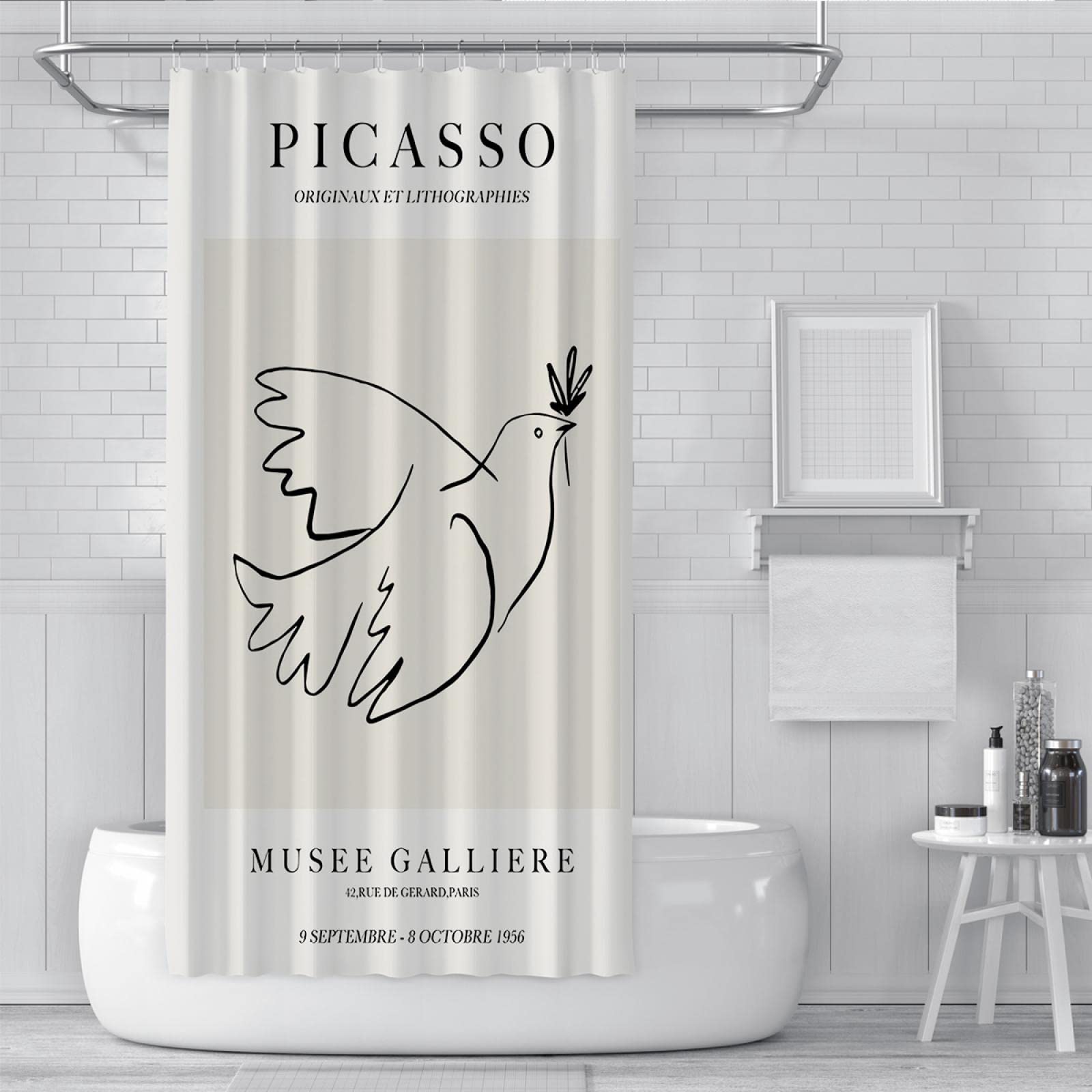 Duschvorhang Berühmte Gemälde Drucke Picasso Minimalistische Linie Vögel und Blumen Moderne Home Badewannen Vorhang Decor W180xL200 (cm)