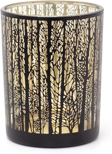 Beautiful Woodland Design Decorative Tea Light Candle Holder | Round Glass Black And Gold Tree Tealight Candle Holder | Candle Lanterns Candle Gifts