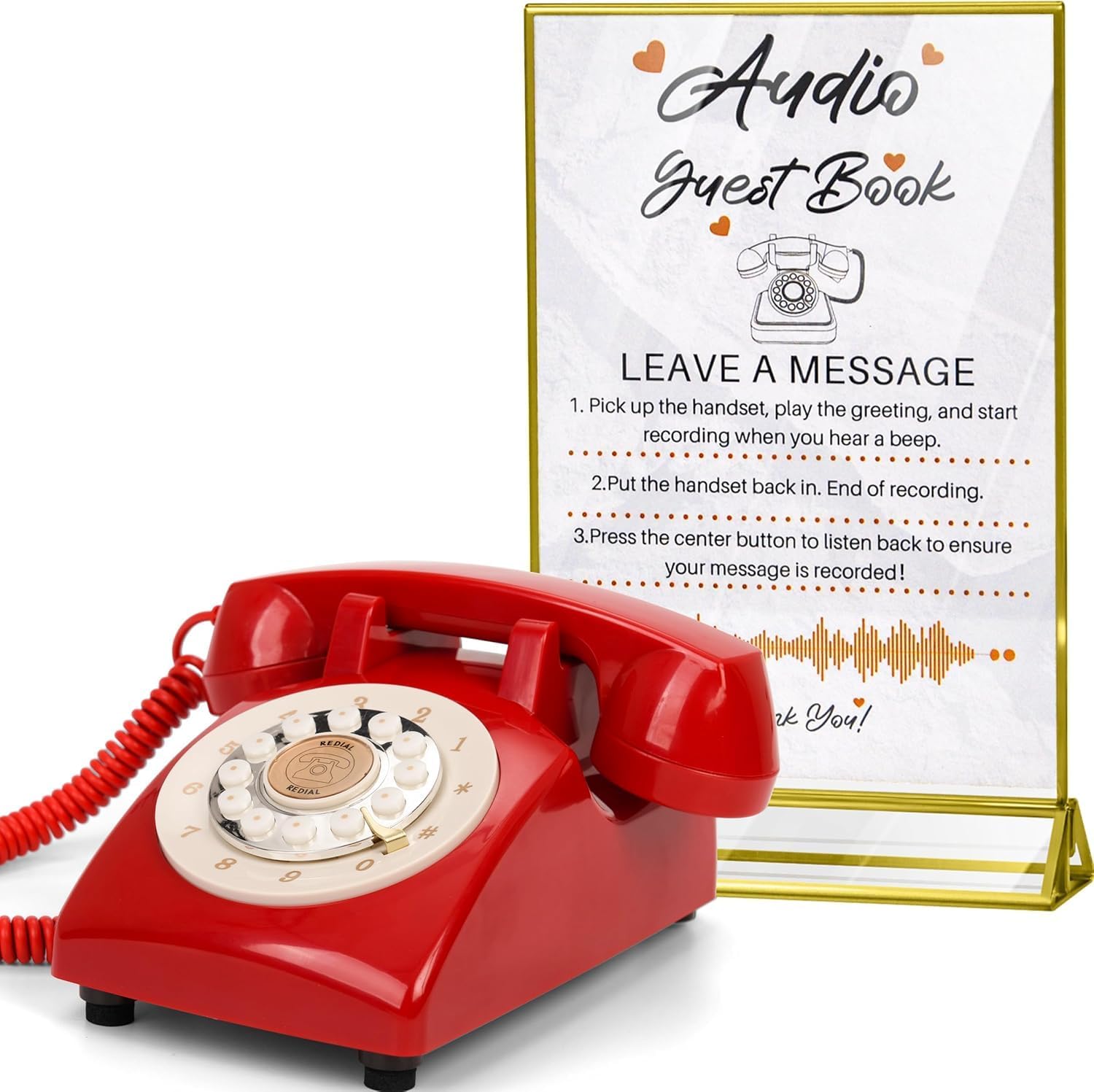 Audio Guest Book Wedding Phone,32GB Memory Customized Audio Messages, Volume Adjustable, with Message Replay Feature, Suitable for All Kinds of Party(White+Sign)