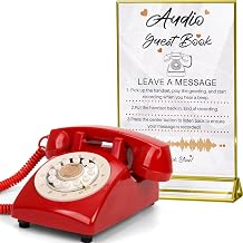 Audio Guest Book Wedding Phone,32GB Memory Customized Audio Messages, Volume Adjustable, with Message Replay Feature, Suitable for All Kinds of PartyRed+Golden Sign