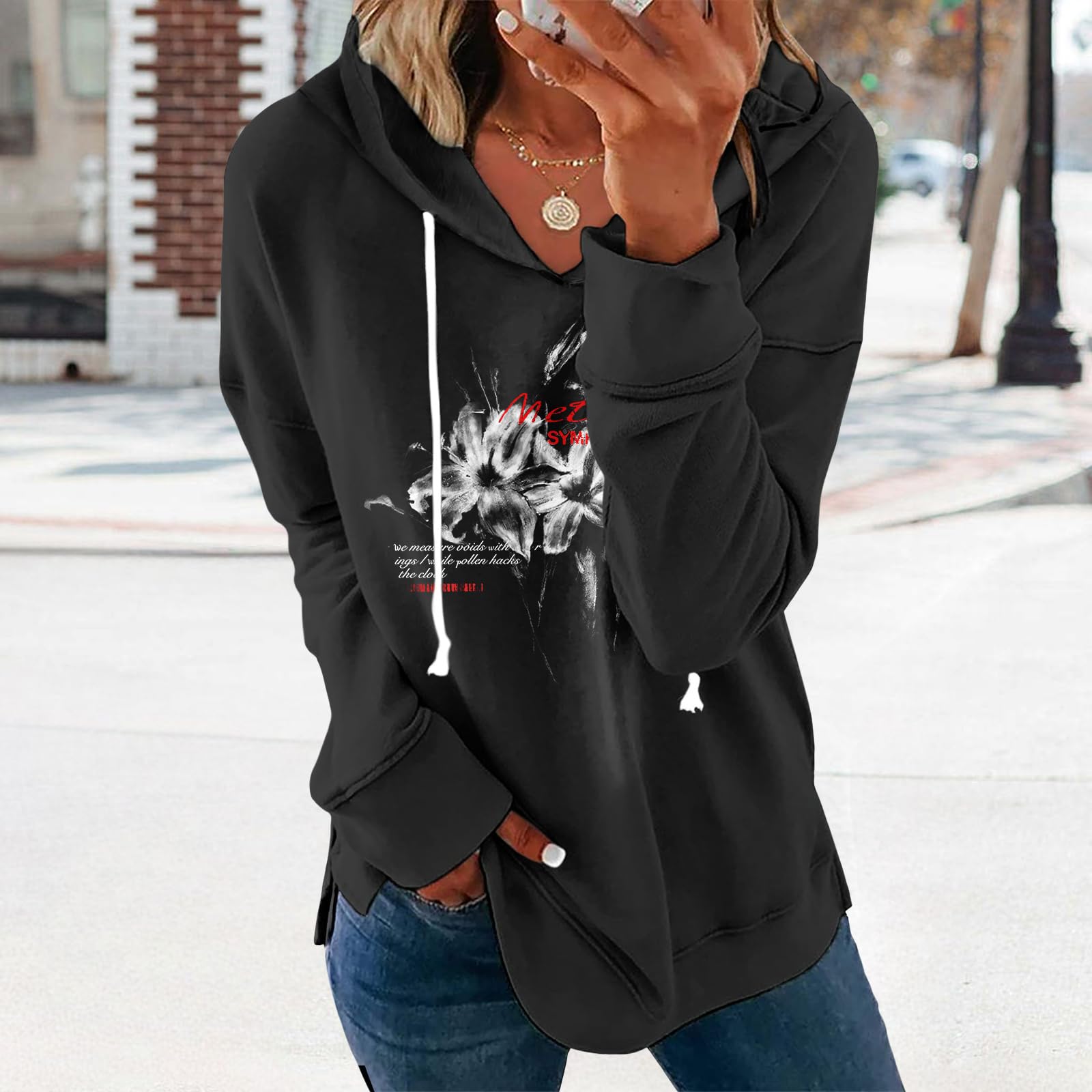Womens Black Floral Print Hoodie Long Sleeve Cotton Blend Pullover Sweatshirt Loose Fit Casual Top For Everyday Wear