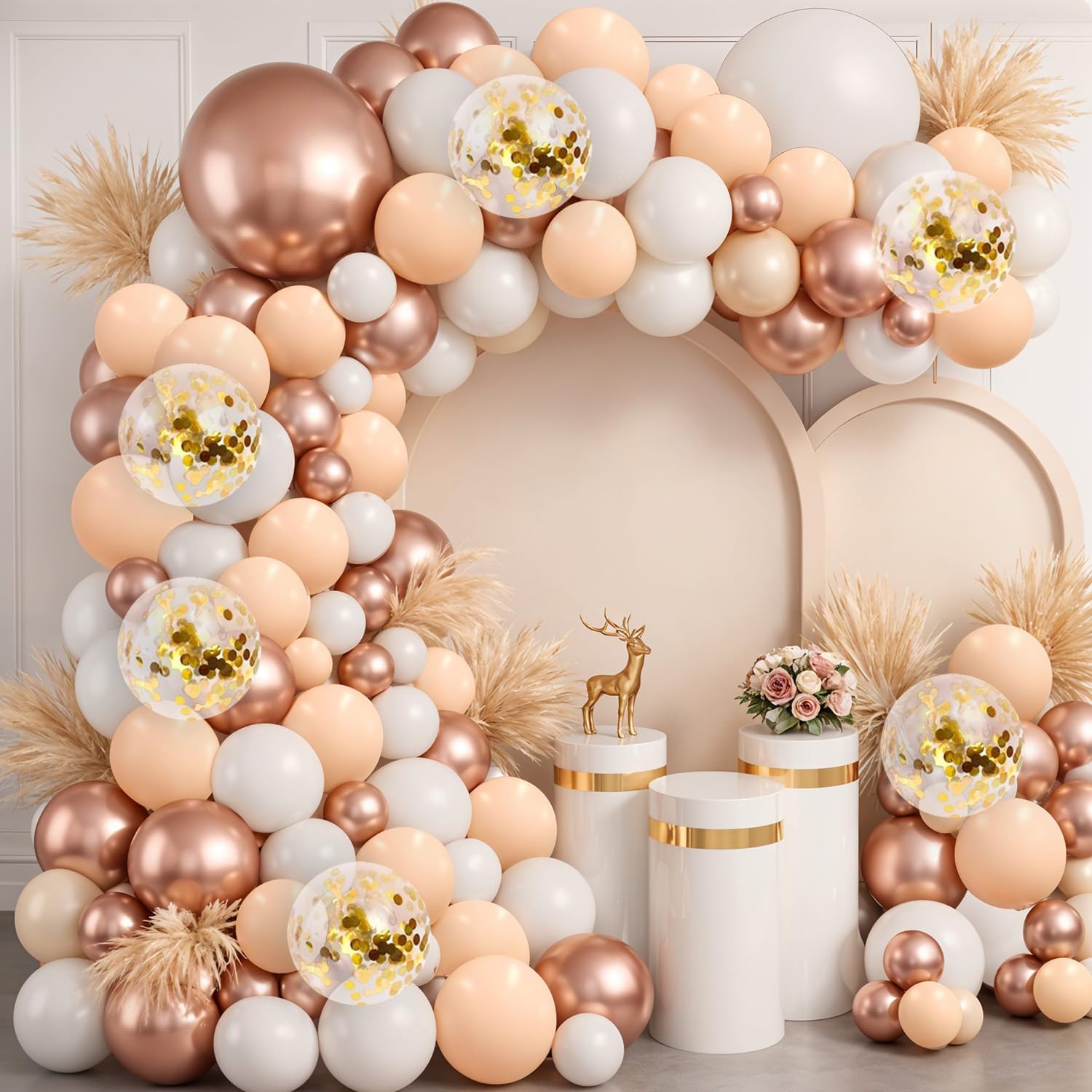 Party Propz Balloons For Decoration - 68 Pcs White And Peach Balloon's For Decoration | Golden Confeeti Balloon's For Decorations | Rose Gold Balloons For Birthday (latex)-image-8
