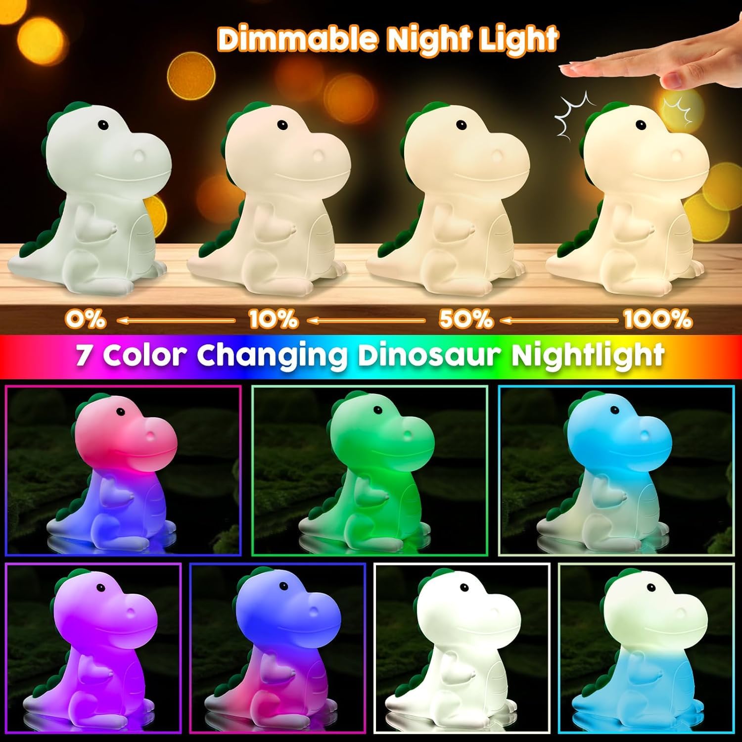 YunLone Kids Night Light Dinosaur Bedside Nursery Touch Lamp Dimmable with 7 Color Changing Soft Squishy Silicone Cute — view 2