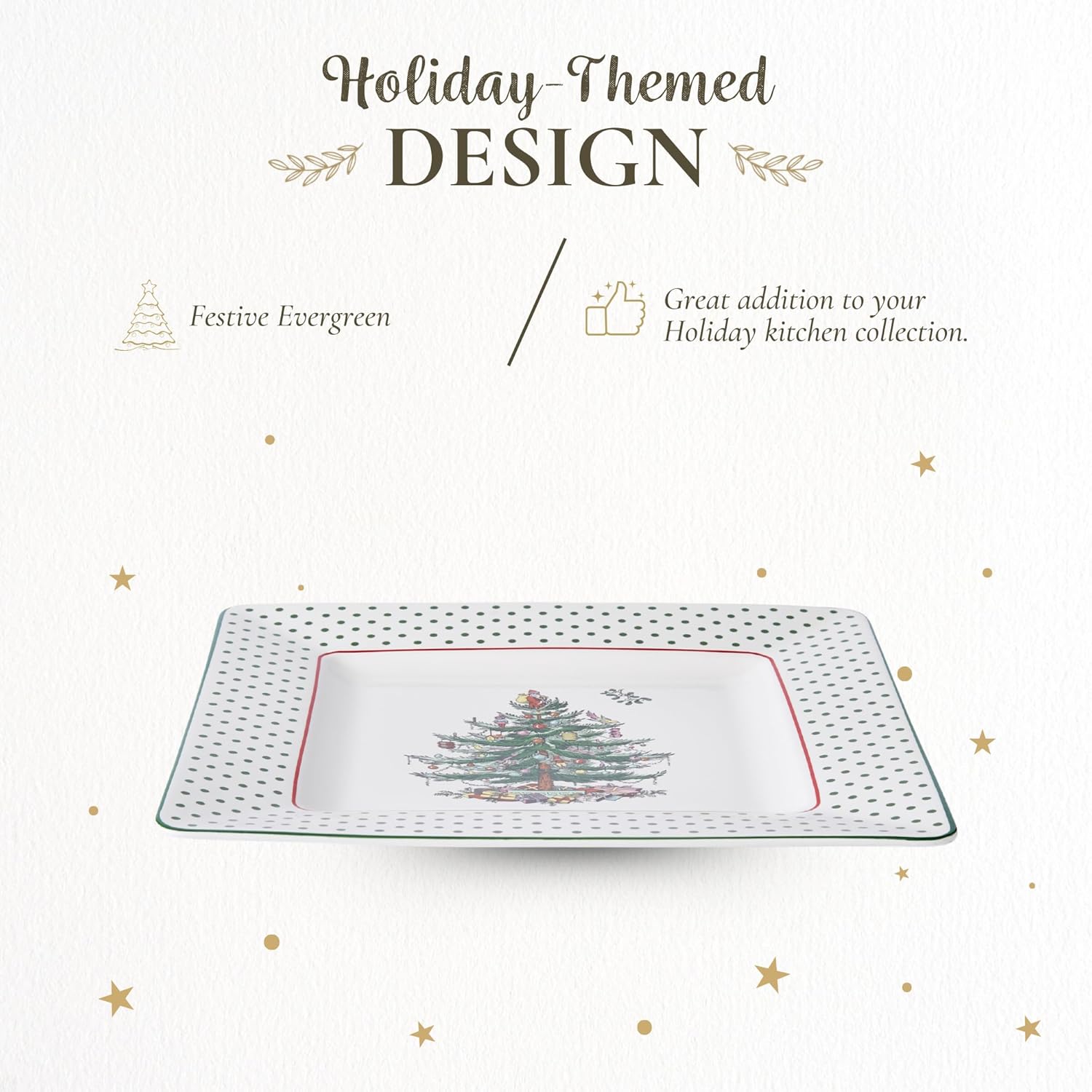 Spode Christmas Tree Polka Dot Square Platter - 10" Porcelain Holiday Serving Tray for Entertaining - Dishwasher & Microwave Safe - Christmas Dessert Tray for Serving Festive Dishes