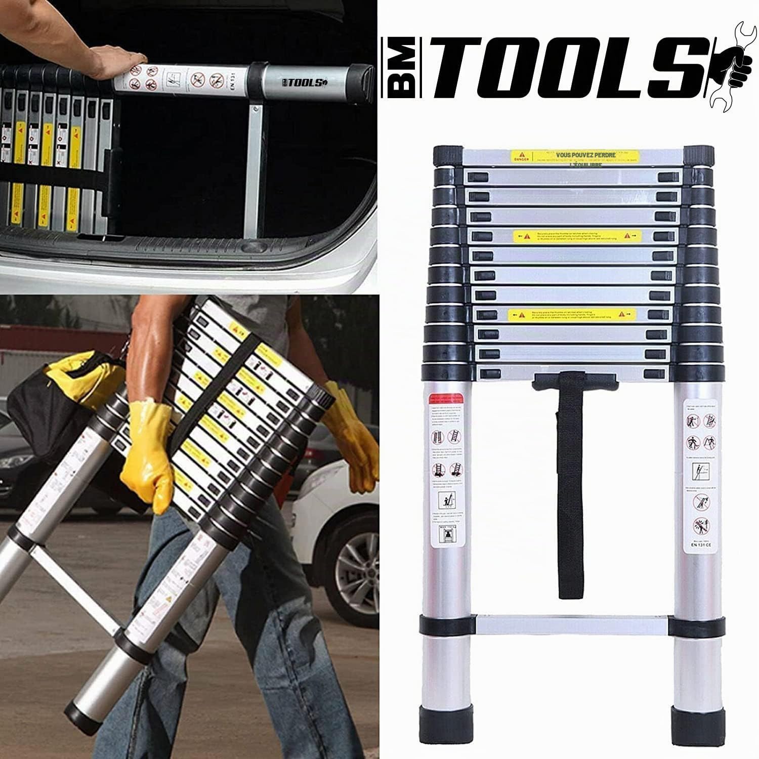 Échelle Télescopique BM TOOLS 3,8M en Acier Inoxydable, Charge 150kg Pliable Extensible Unique Droite Multi-Fonction, Bricolage