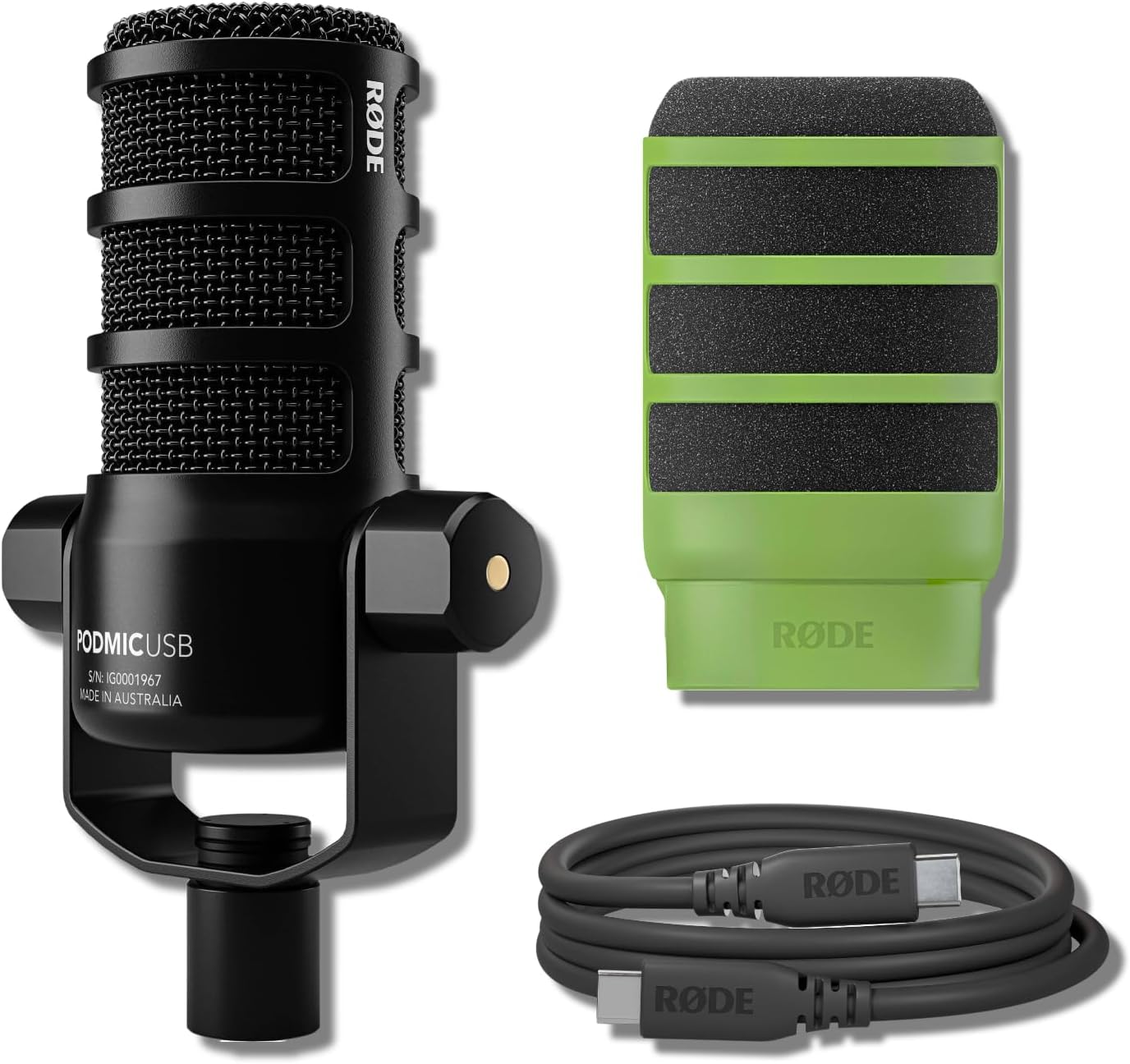 Rode PodMic USB Dynamic Broadcast Microphone (Black) with Green WS14 Pop Filter