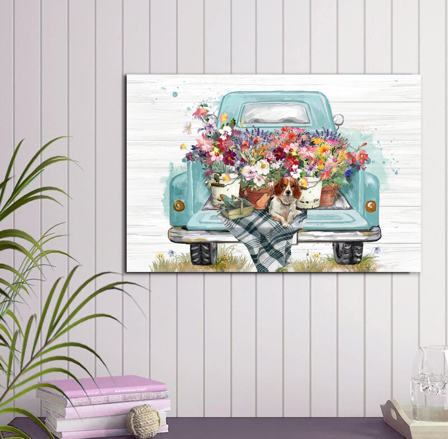 LAIART Old Truck with Flowers Farmhouse Rustic Style Decor Canvas Print Wall Art Bathroom Picture