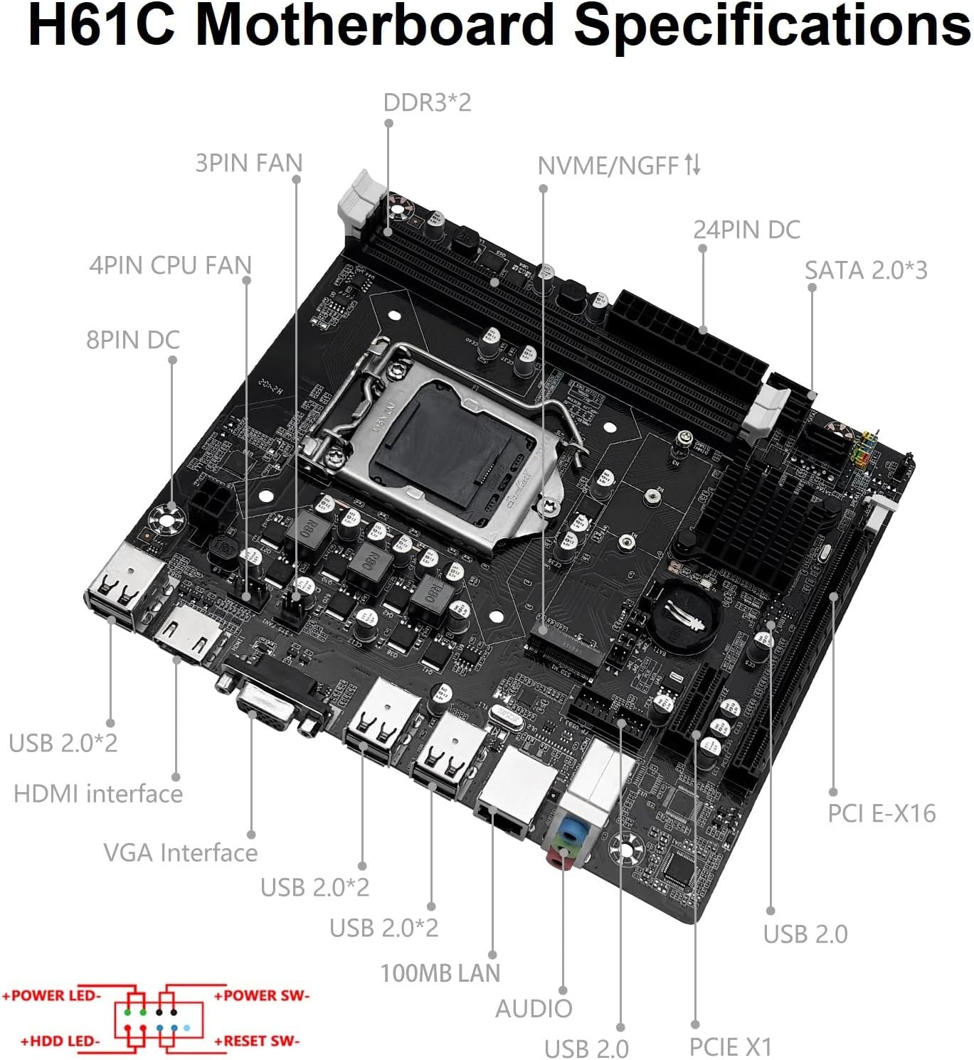 LGA 1155 Motherboard H61C Gaming Motherboard for Intel 2th/3th Gen i3,i5,i7/Xeon E3 V2/Pentium Series CPUs, DDR3, NVME/NGFF M.2, PCIe X16, 100M LAN, VGA, HDMI-Compatible