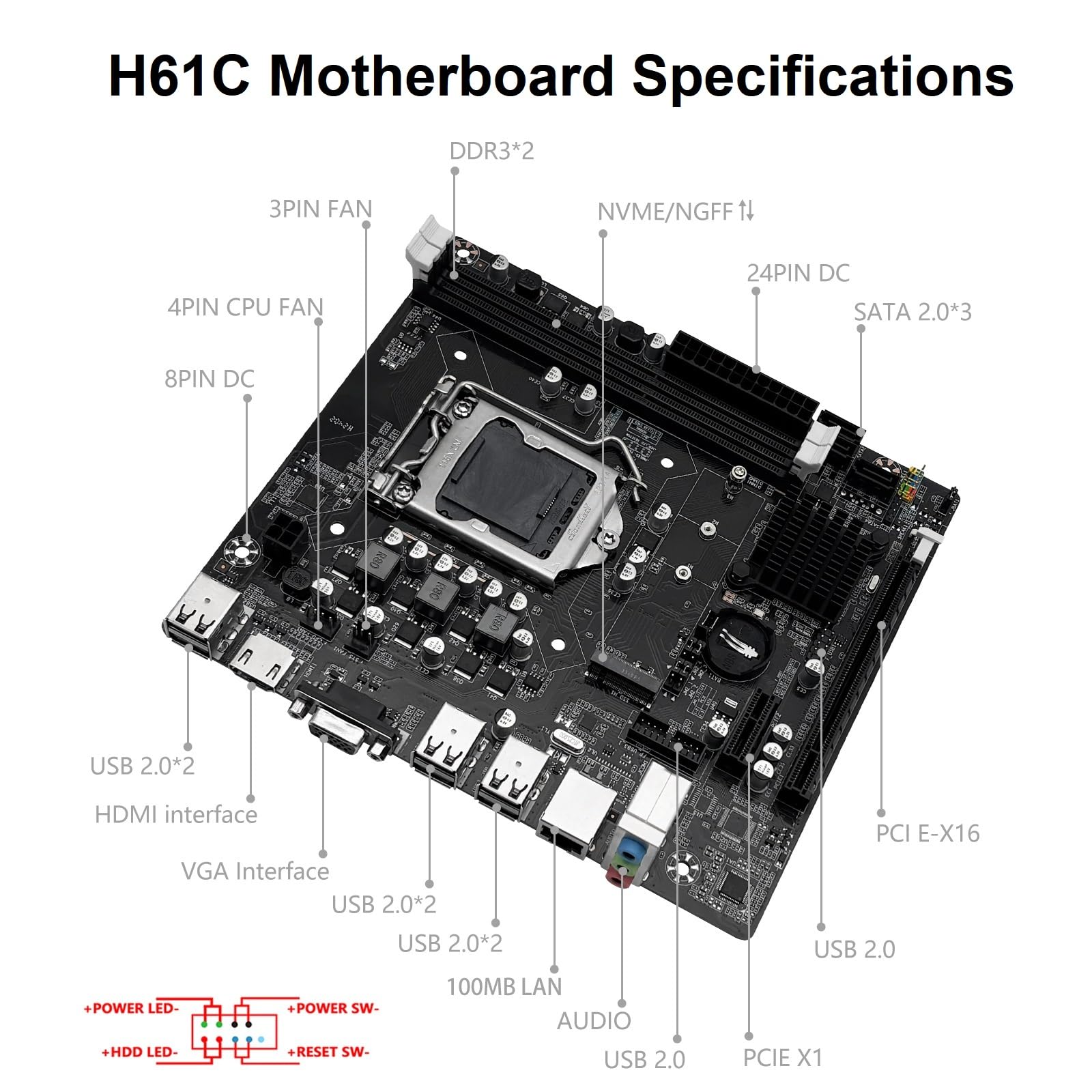 SHANGZHAOYUAN Scheda madre H61C LGA 1155 Gaming per CPU Intel 2°/3° Gen i3, i5, i7, Xeon E3 V2, Pentium, PCIe X16, 100M LAN, DDR3, NVMe/NGFF M.2, VGA, compatibile con HDMI