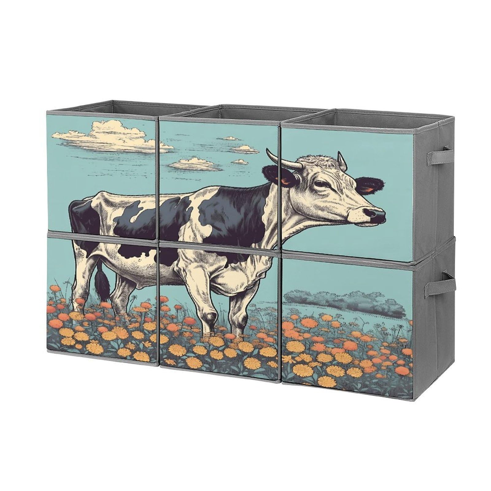 Btcowzrv Style Hand Drawn Cow Storage Cubes, 6 Pack Oxford Fabric Foldable Collapsible Bins With Handles, Cubby Storage Baskets Boxes For Closet Shelves Office Organization