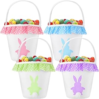 4 Pieces Canvas Easter Basket Bunny Easter Baskets for Kids Candy Egg Bags Fluffy Tails Printed Easter Bucket Cute Personalized Kids Basket Rabbit Bunny Easter Basket Tote for Carrying Presents Eggs