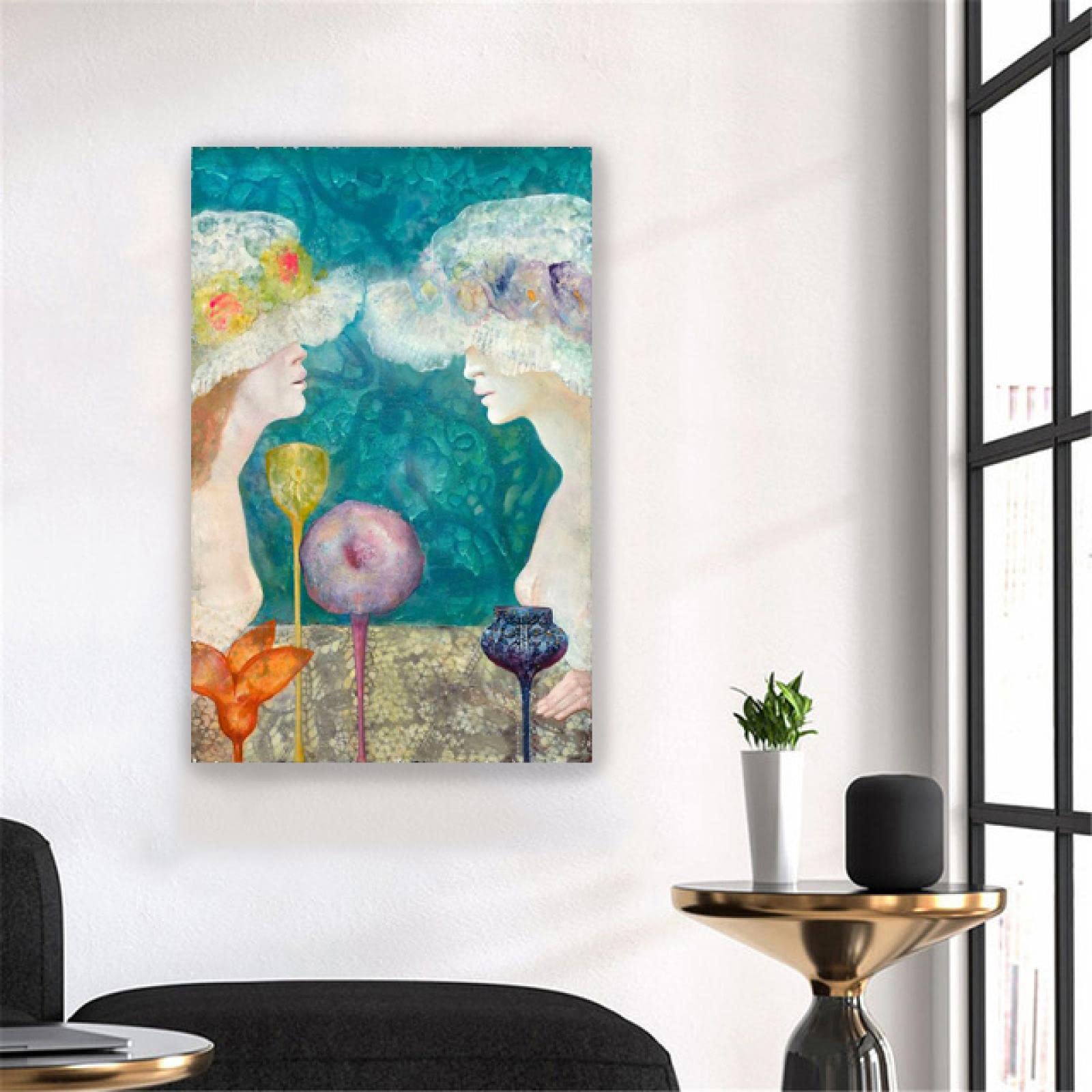 Leonor Fini sztuka ścienna oprawione słynne obrazy dwie kobiety w kapeluszach 'Surrealizm Giclee' nadruk na płótnie - reprodukcja na płótnie - obrazy graficzne do dekoracji salonu 35 x 55 cm oprawione
