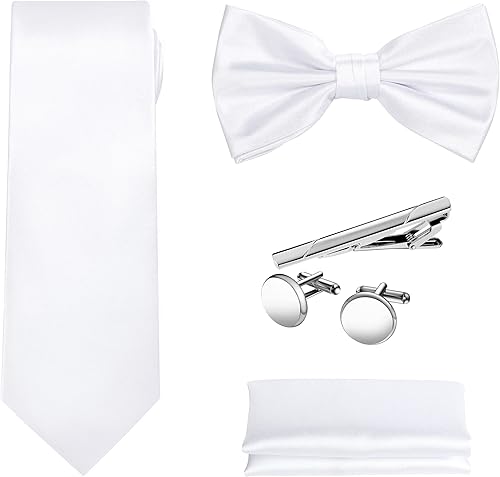 TIE G - Juego de 5 corbatas en caja de regalo blanco o negro corbata de color sólido, corbata de satén, cuadrado de bolsillo, solapa, gemelos, Blanco