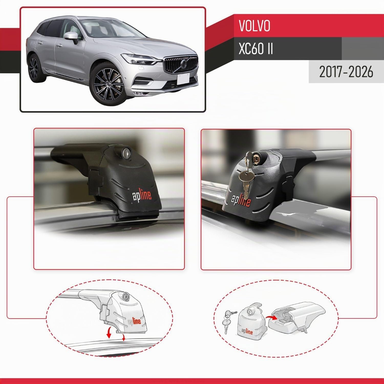 Compatible con Volvo XC60 II 2017-2026 Modelo Ace-2 Barra de Techo Auto Portaequipajes Barras Transversales Gris Aluminio 2 Barras