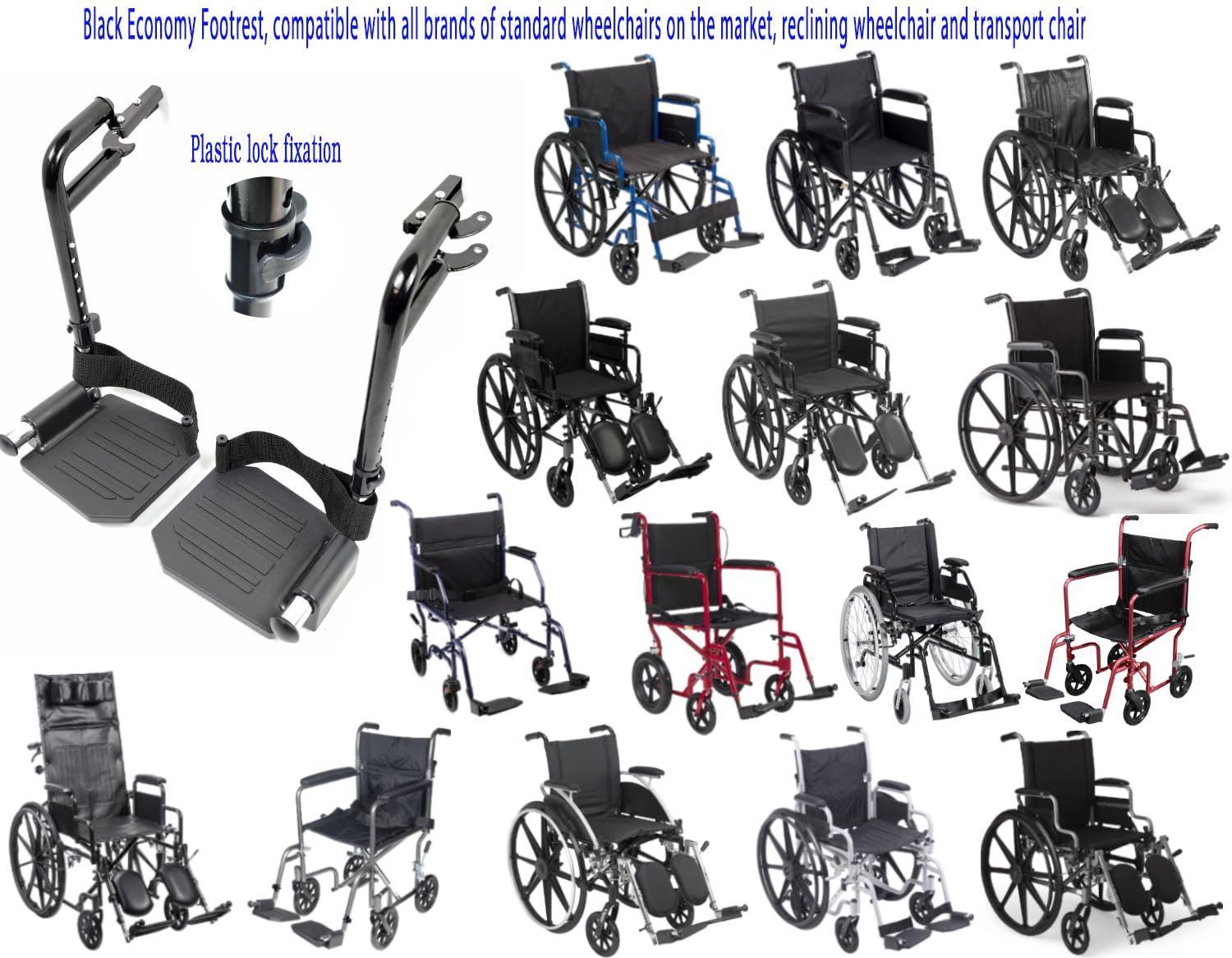 Reposapiés económico para sillas de ruedas estándar y silla de transporte, negro, plástico antideslizante, universales oscilantes, piezas de repuesto