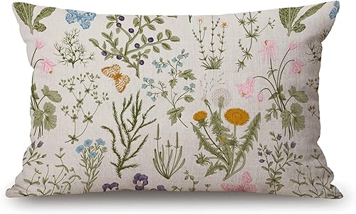 Funda de cojín decorativa de lino y algodón botánico con plantas de jardín vintage con hierbas, flores, para sofá, cama, 12 x 20 pulgadas