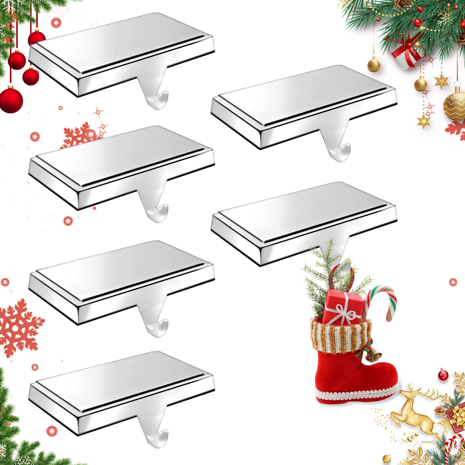 MACTING 6 Pack Christmas Stocking Holders for Mantle, Silver Weighted Stocking Hangers, Stocking Holder Stand Hooks for Mantel Fireplace Table Window Xmas Holiday Decorations
