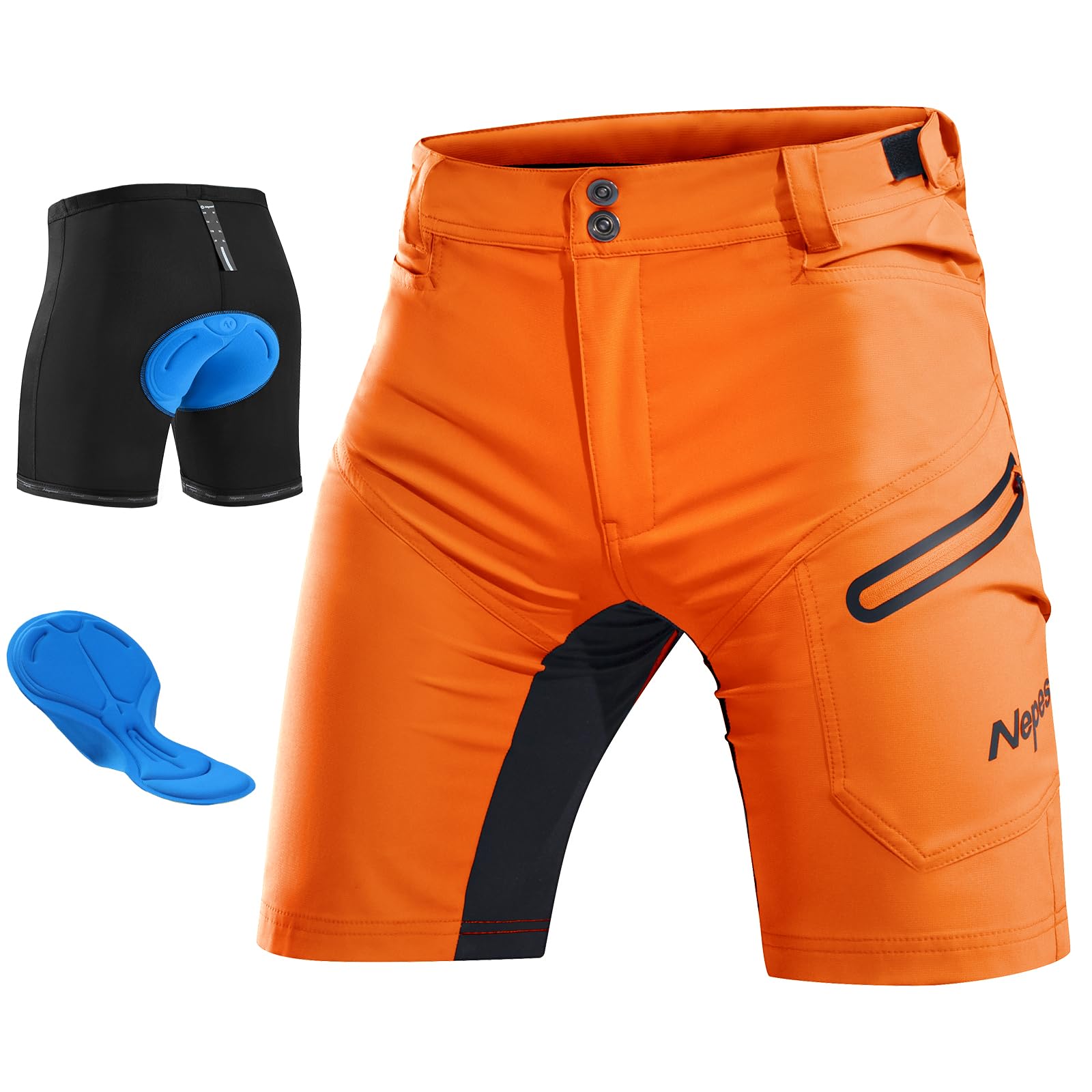 Nepest Mountainbike Hose Herren Kurz MTB Shorts Gepolstert 3D Fahrradhose Locker mit Reißverschluss Tasche Bike Shorts Atmungsaktiv