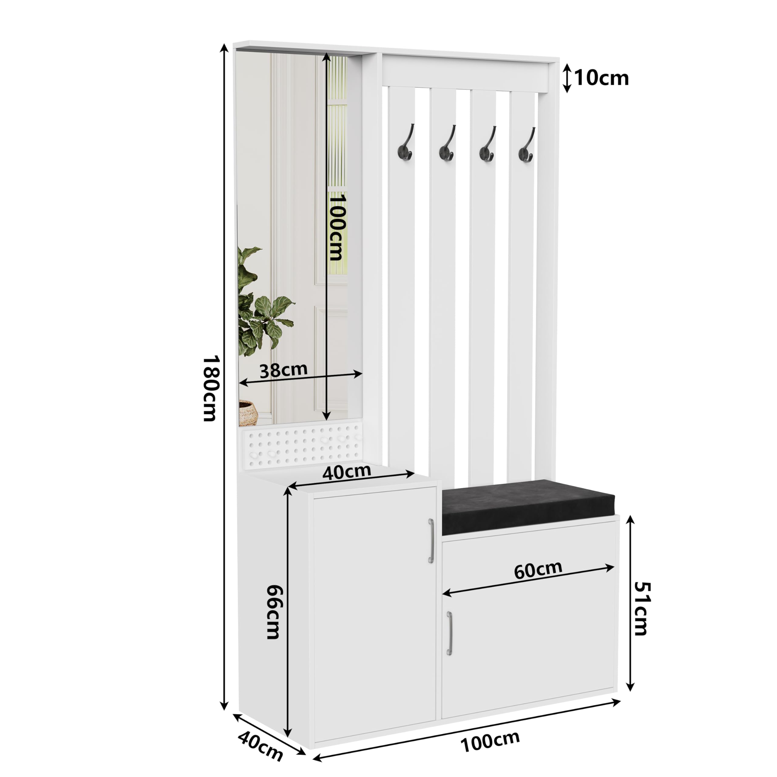 Mueble de entrada con banco y espejo, perchero 6 en 1 multifunción, almacenamiento de zapatos, 4 ganchos, estantería, ahorro de espacio para espacio pequeño, blanco (180 x 100 x 40 cm)