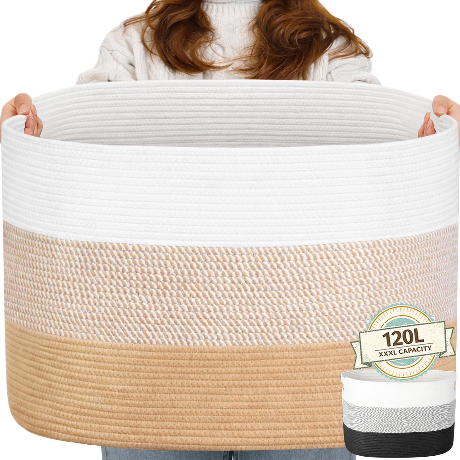 120L Extra Large Blanket Basket, XXXL Woven Cotton Rope Storage Basket for Pillows, Clothes & Laundry, Oversized Toy Storage Basket with Handles for Living Room, Kids Room & Bedroom (Khaki/White)