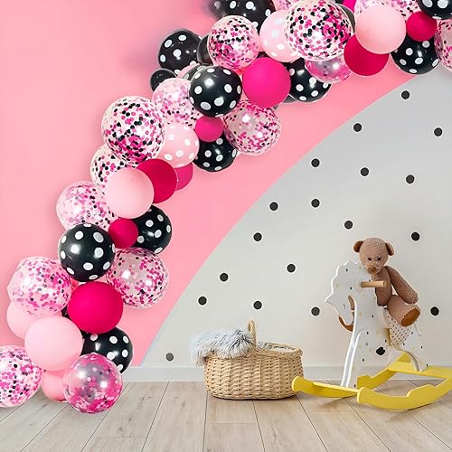 Miniatura 7 de Kit de arco de guirnalda de globos de ratón de 117 piezas, globos de lunares rosas y negros con puntos de pegamento de tira de guirnalda para