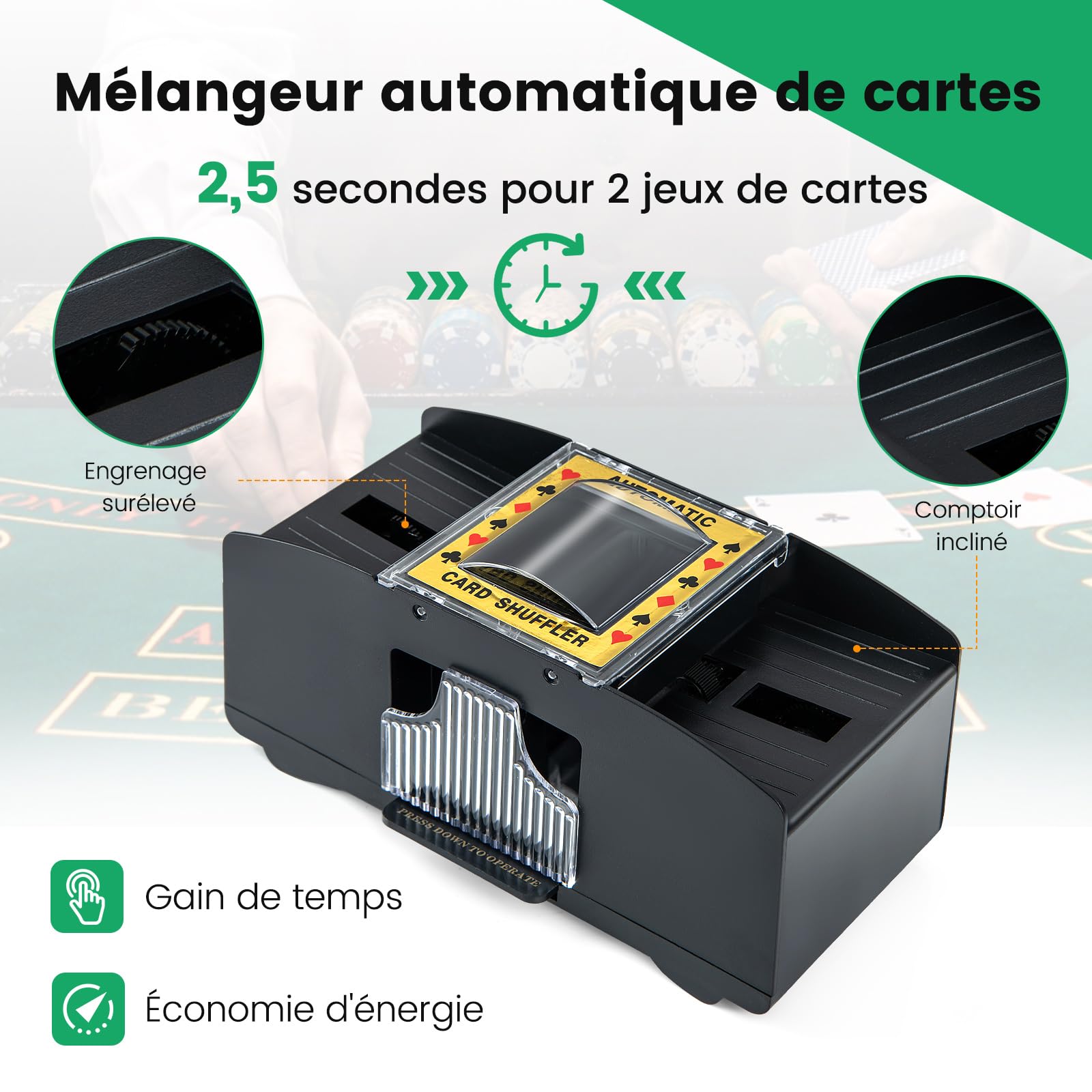 GOPLUS Mallette Poker 300 Jetons, 2 Jeux de Cartes, 5 Dés, 3 Jetons Croupier, Tapis feutré, Mélangeur de Cartes Automatique, Sabot de Carte, pour Texas Hold’em, Blackjack