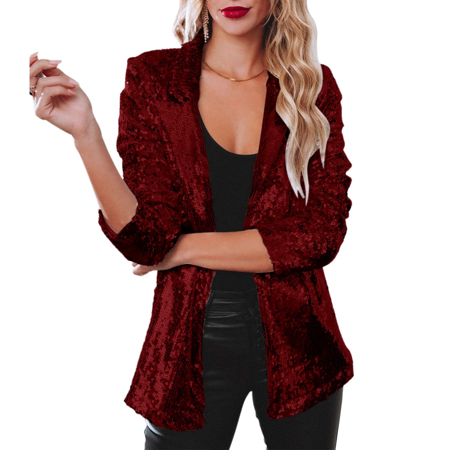 Lady's Gorgeous Blingbling Solid Jacket Fashion Bright Full Sequin Coat Cocktail Wine Red S Medium