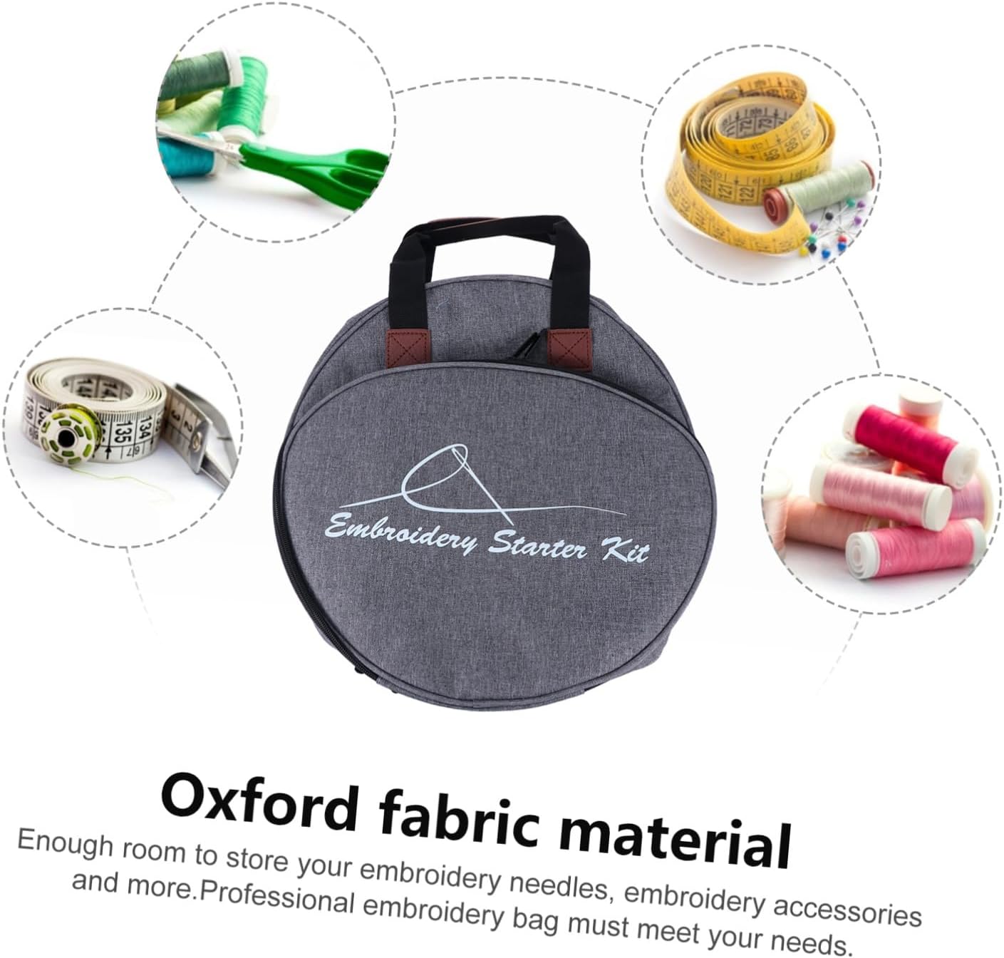 HOMSFOU Embroidery Project Bag Embroidery Storage Organizer Oxford Craft Bag Storage for Needles Supplies Grey