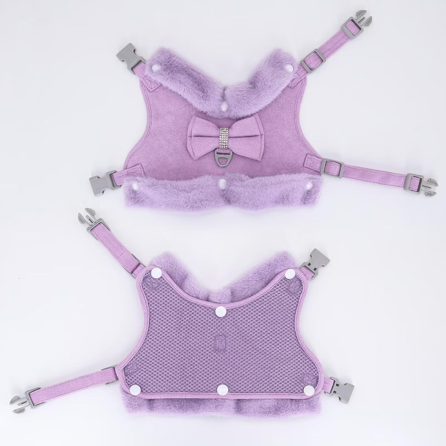 Didog Small Dog Harness and Leash Set, Winter Cute Dog Harness with Bow Tie, Adjustable Soft Padded Puppy Vest with Removable Plush Collar for XS Small and Medium Sized Dogs (Purple, S)