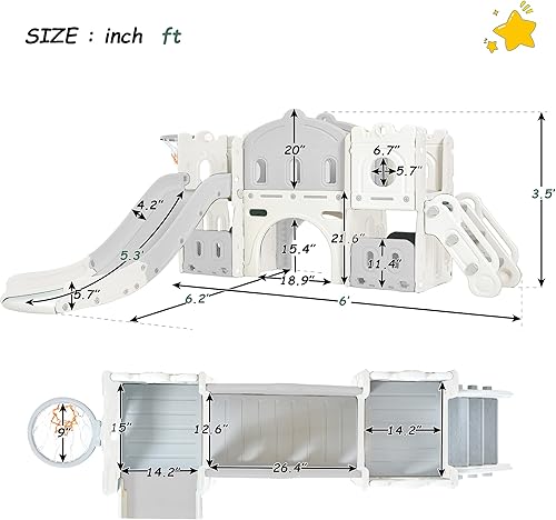 Miniatura 4 de Merax Tobogán 6 en 1 para niños, juego de tobogán escalador para niños pequeños con aro de baloncesto, tobogán independiente con espacio de