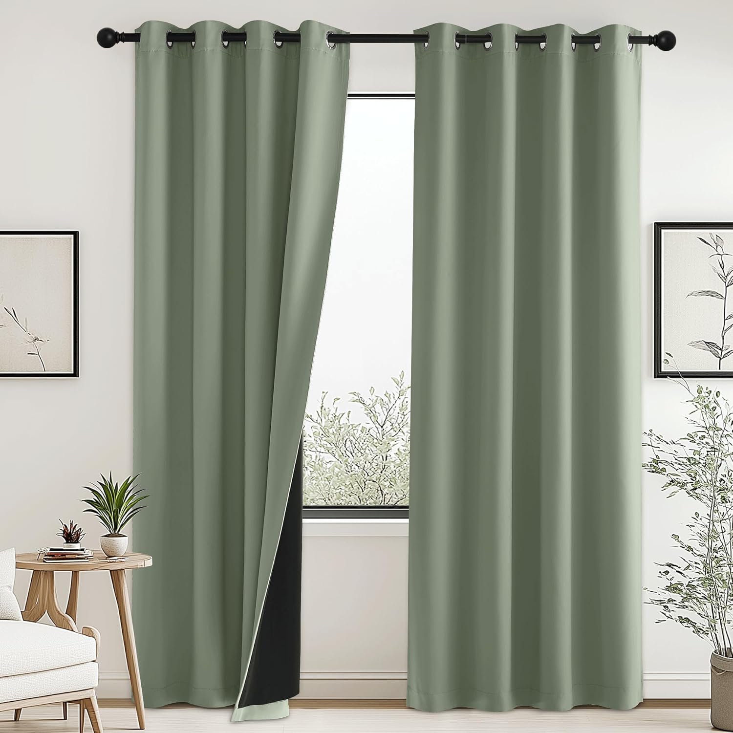 Pony Dance 100% Blackout Curtains, Thick Double Layer Light Blocking Drapes, Thermal Insulated Noise Reducing Black Out Curtains for Bedroom Living Room with Black Liner, 52 x 95 Inch,Sage Green