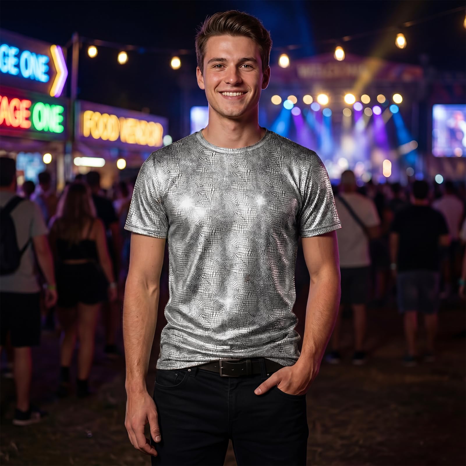 Camiseta para hombre: manga corta, camiseta de discoteca, festival, brillante, para fiestas | Camisa metálica con purpurina para hombre, para discoteca, festival de música