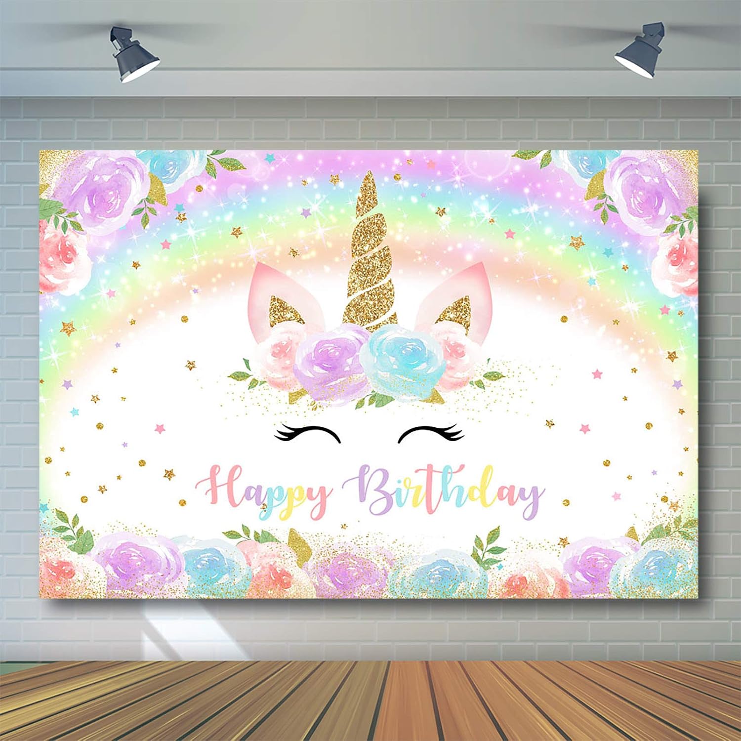 Avezano Rainbow Unicorn Birthday Backdrop for Girl Gold Glitter Rainbow Colorful Watercolor Flowers Unicorn Party Banner Birthday Cake Table Decorations Photography Background (5x3ft)