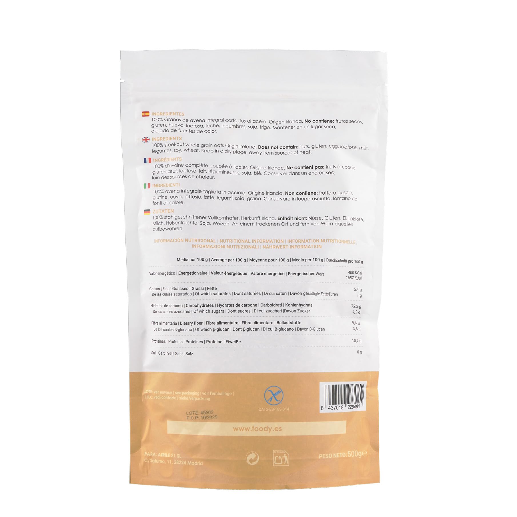 Avena cortada en acero - Avena integral, vegana, 100% libre de gluten y alérgenos - Steel cut oats, 500 gr.