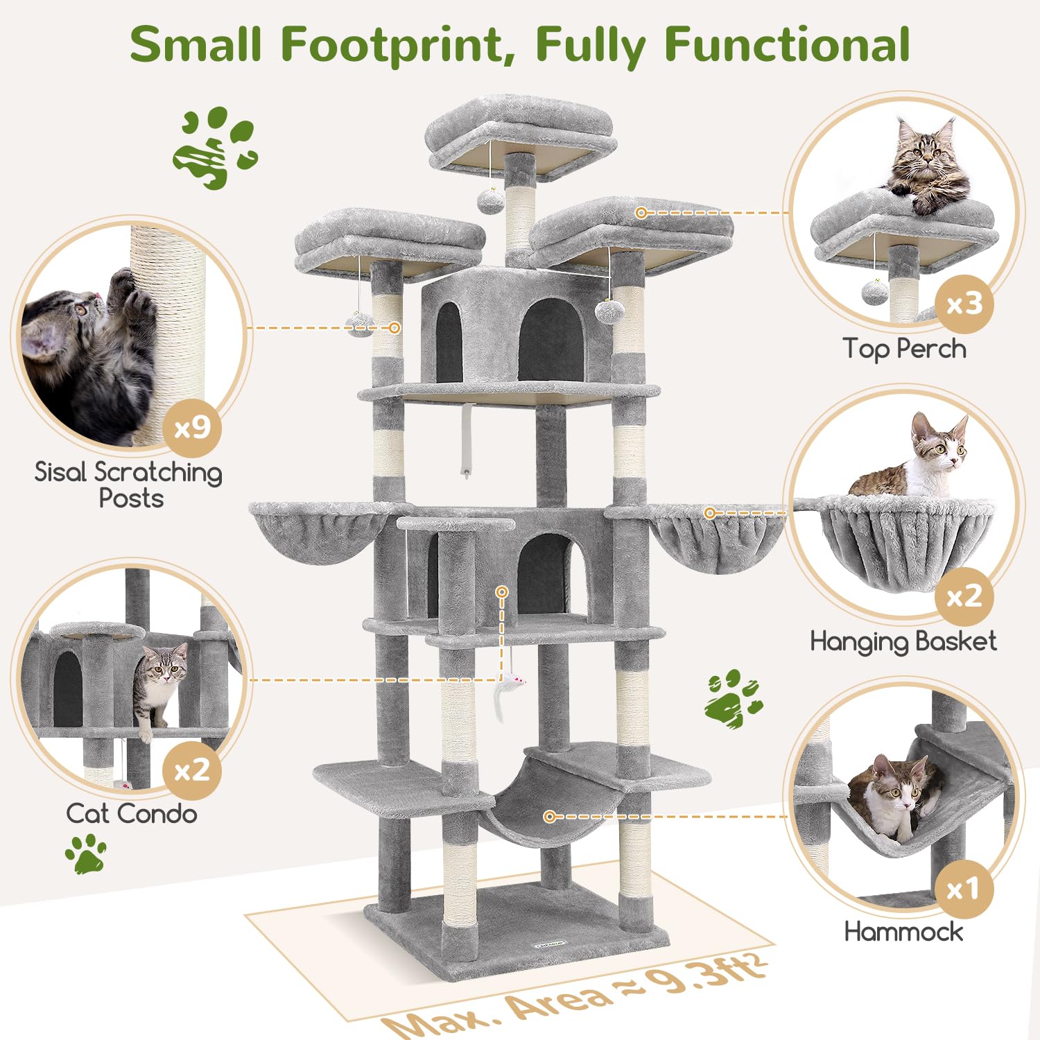 Globlazer Tiragraffi per Gatti Grandi, Castello per Gatto Alto 204 cm con 3 Trespoli Imbottiti, 2 Grotte, 2 Cestini, Amaca, Albero Tiragraffi per Multiplo Grandi Gatti Adulti (F80, Grigio Chiaro)