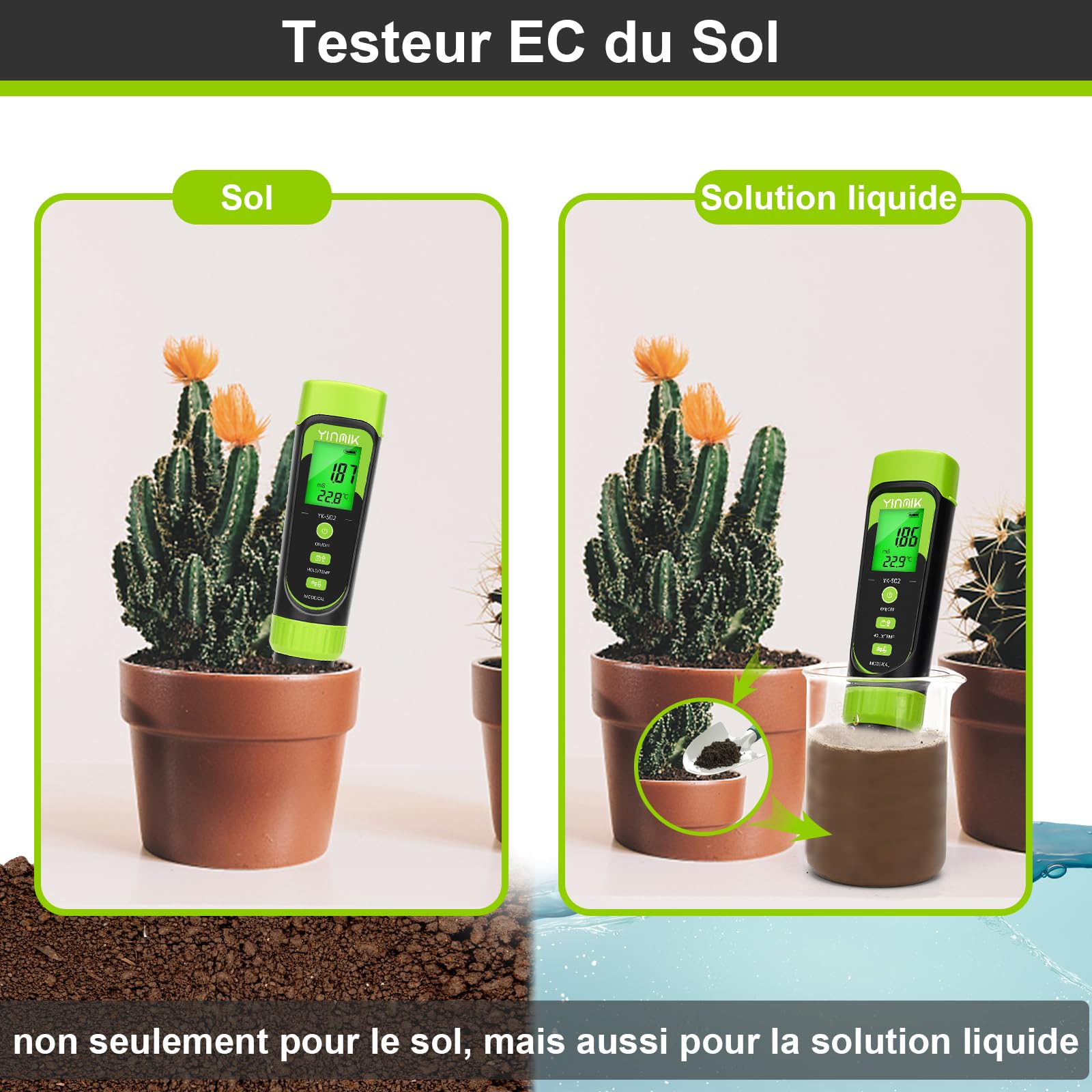 YINMIK Testeur Humidité de Sol Numérique, Humidimètre pour Plantes | Testeur EC et Humidité du Sol, Mesure de la Conductivité de Solution Nutritive Hydroponique, Capteur pour Jardin, Plantes