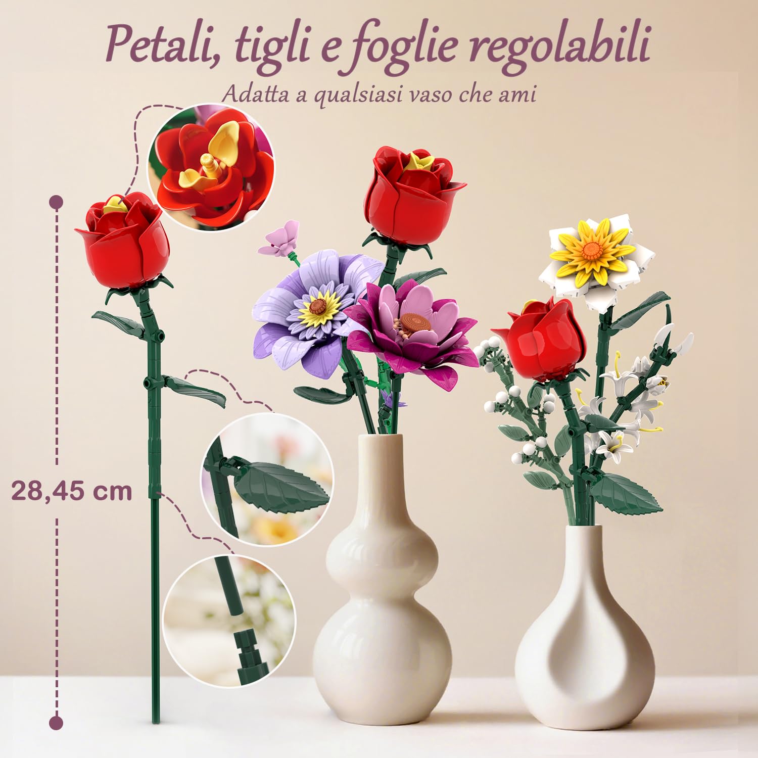 Set di Costruzione di Mazzetto di Fiori con Vaso Bicolor, 16 Set di Mazzetti di Fiori Artificiali per Adulti e Donne, Compatibile con la Collezione Botanica di Mazzetti di Fiori Lego, 1278 Pezzi
