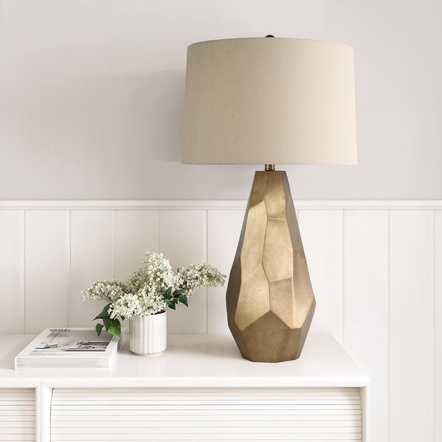 Abani Table Lamp Lia Faceted 31.5” – Modern Glam Gold Resin Base with Wheat Linen Shade – E26 Bulb Included – Elegant Desk Lamp for Bedroom, Living Room Lamp, Dorm or Nightstand